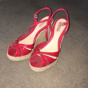 Cherry red Gucci spring wedges with ankle strap